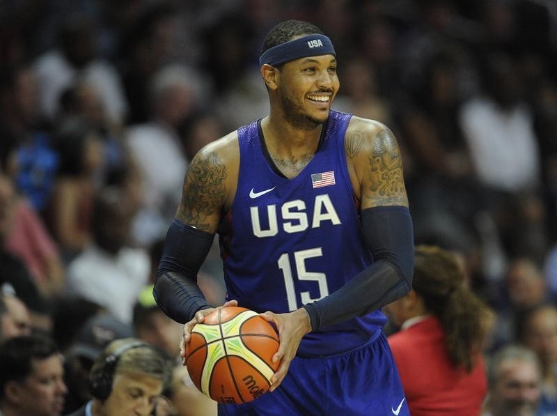 Los Angeles CA USA USA forward Carmelo Anthony brings the ball inbound against China in the second half during an exhibition basketball game at Staples Center Gary A Vasquez USA TODAY Sports