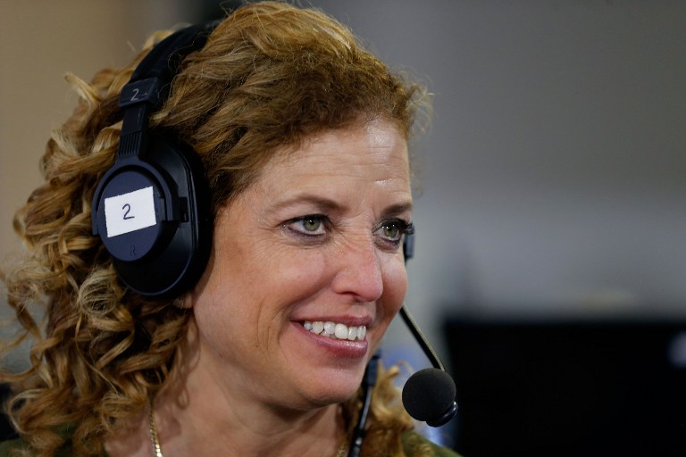 Debbie Wasserman Schultz chair of the Democratic National Committee being interviewed at Quicken Loans Arena