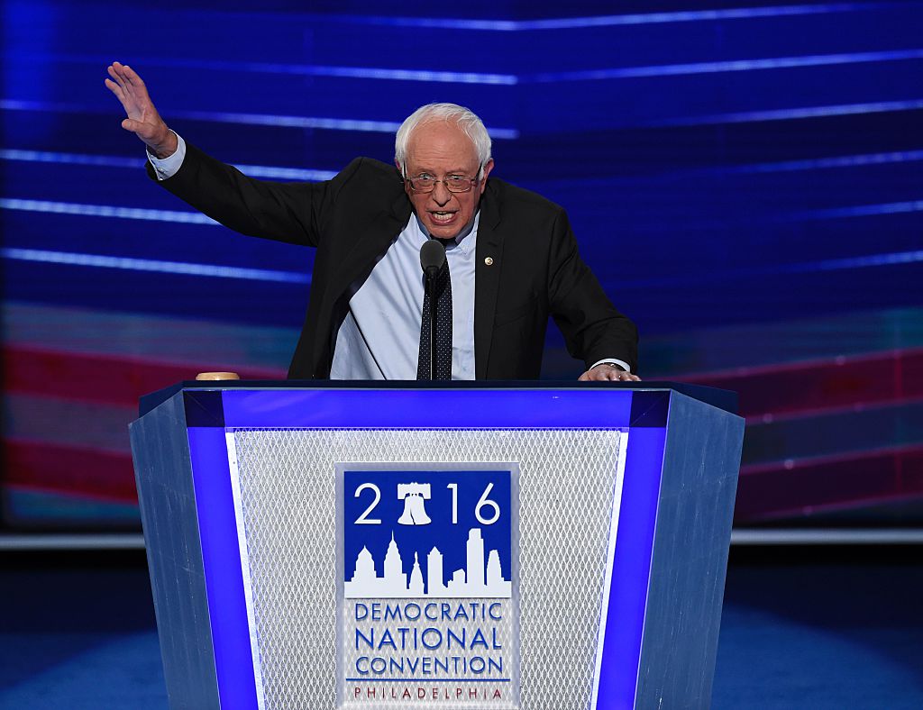 Vermont Senator and former Democratic presidential candidate Bernie Sanders addresses the Democratic National Convention at the Wells Fargo Center in Philadelphia Pennsylvania