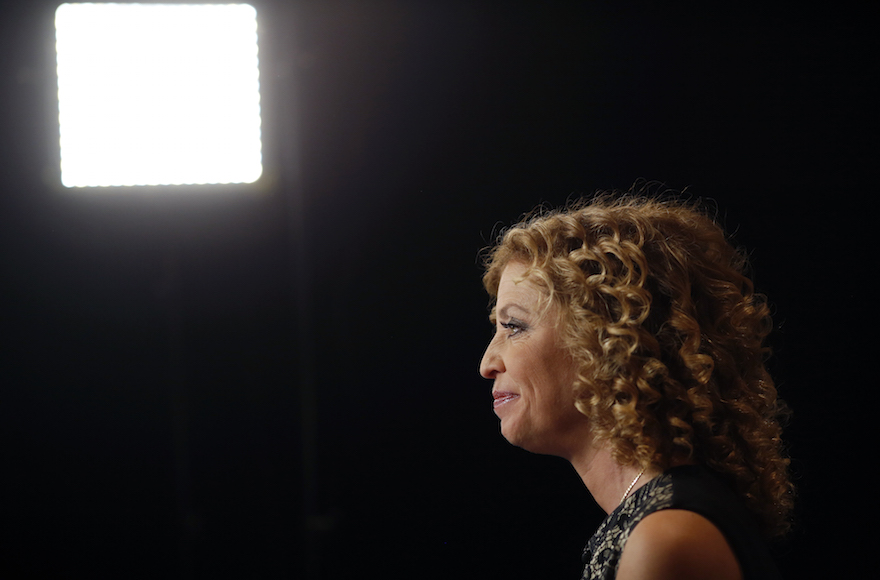 Debbie Wasserman Schultz sitting for an interview in the spin room inside the Wynn Resorts Ltd. Las Vegas resort and casino before the first Democratic presidential debate in Las Vegas Oct. 13 2015