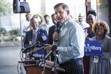 Boston MA- 7/24/2016- Boston Mayor Marty Walsh speaks during a new conference with the Massachusetts Democratic Delegation before leaving to attend the Democratic National Convention in Philadelphia as they prepare to leave from South Station in Boston