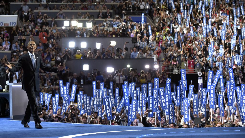 President Barack Obama arrives on stage during the third day of the Democratic National Convention in Philadelphia Wednesday