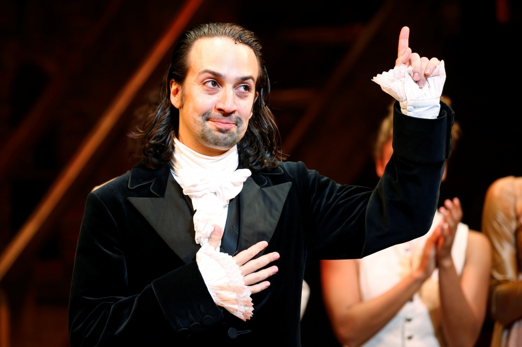 Actor Lin Manuel Miranda greets spectators after taking part in his last performance with Hamilton in New York