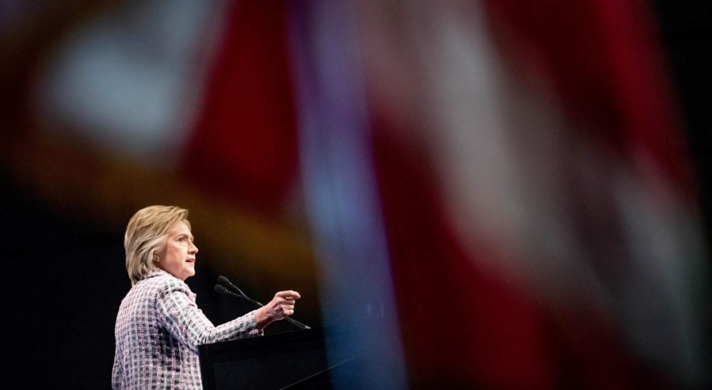 Democratic presidential candidate Hillary Clinton speaks at the 117th National Convention of Veterans of Foreign Wars at the Charlotte Convention Center in Charlotte Monday