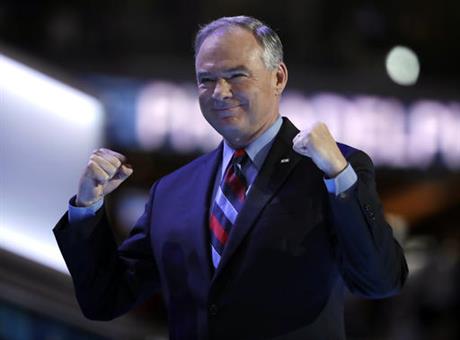 Democratic vice presidential candidate Sen. Tim Kaine D-Va. takes the stage during the third day session of the Democratic National Convention in Philadelphia Wednesday