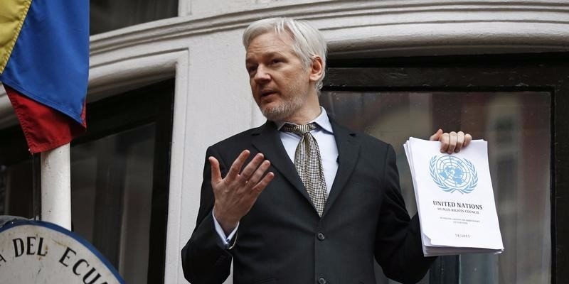 WikiLeaks founder Julian Assange makes a speech from the balcony of the Ecuadorian Embassy in central London Britain