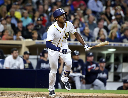 San Diego Padres&#039 Melvin Upton Jr. watches his RBI line-out against the Atlanta Braves during the fifth inning of a baseball game in San Diego. The Padres have traded left fielder Melvin Upton Jr. to the Toro