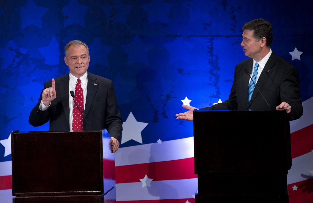 Tim Kaine argues with another former Virgnia Governor George Allen during a Senatorial debate for the Virginia U.S. Senate seat on Thursday Sept. 20 2012 in McLean Va