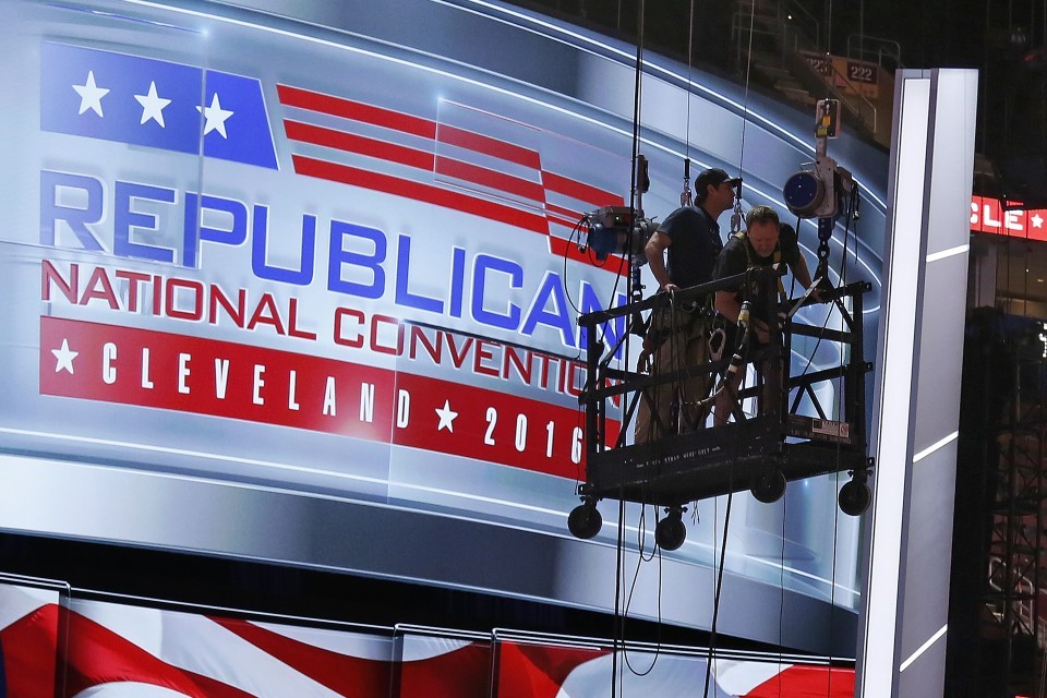 Workers prepare the main stage at the Quicken Loans Arena in Cleveland for the Republican National Convention