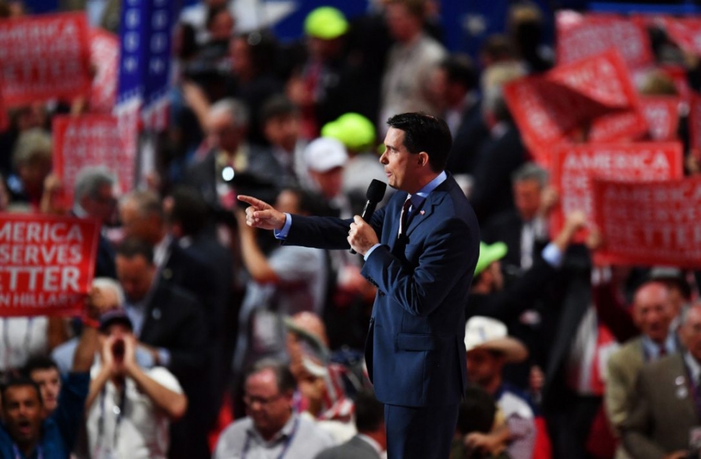 Wisconsin Governor Scott Walker takes the stage at the Republican National Convention in Cleveland