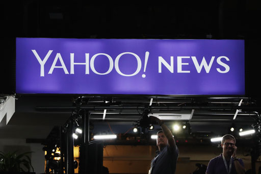 PHILADELPHIA PA- JULY 25 A Yahoo! News sign is displayed prior to the start of the first day of the Democratic National Convention at the Wells Fargo Center