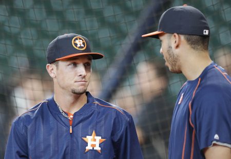 Jul 25 2016 Houston TX USA Houston Astros third baseman Alex Bregman talks with shortstop Carlos Correa during batting practice before playing the New York Yankees at Minute Maid Park. Mandatory Credit Thomas B. Shea-USA TODAY Sports