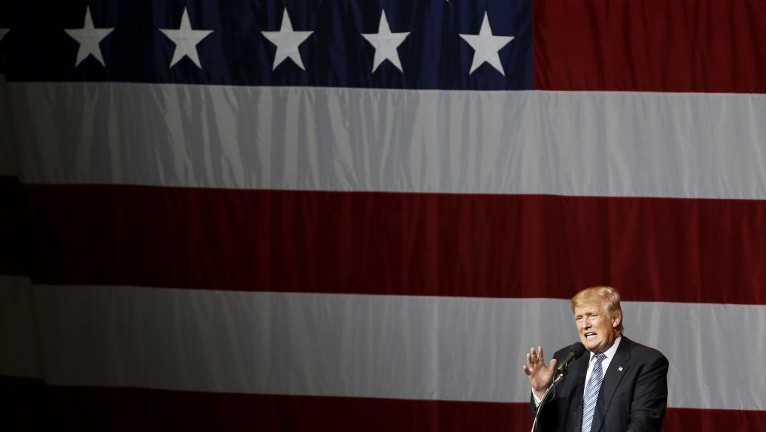 Presumptive US Republican presidential candidate Donald Trump addresses a campaign rally at Grant Park Event Center in Westfield Indiana