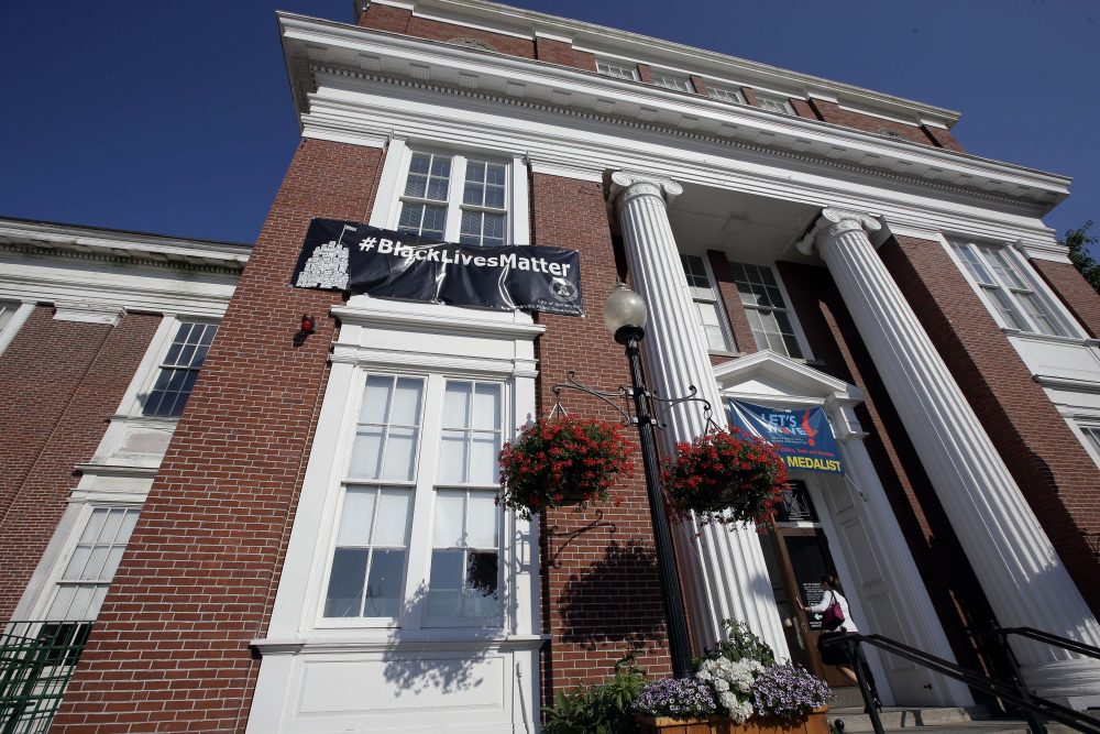 A'Black Lives Matter banner hangs at the main entrance of Somerville City Hall Thursday