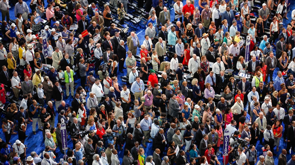 Delegates on the Democratic National Convention floor at the Wells Fargo Center in Philadelphia