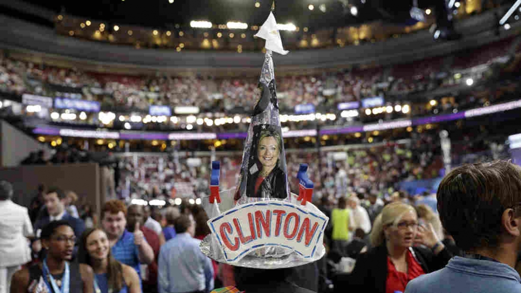 A Hillary Clinton supporter walks the floor prior to the start of the second day of the Democratic National Convention at the Wells Fargo Center in Philadelphia