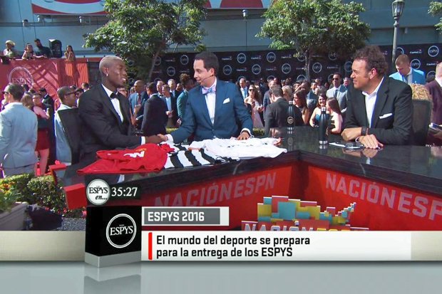 Pogba had the shirts of United Juventus and Real Madrid put out in front of him as he appeared on ESPN
ESPN Deportes