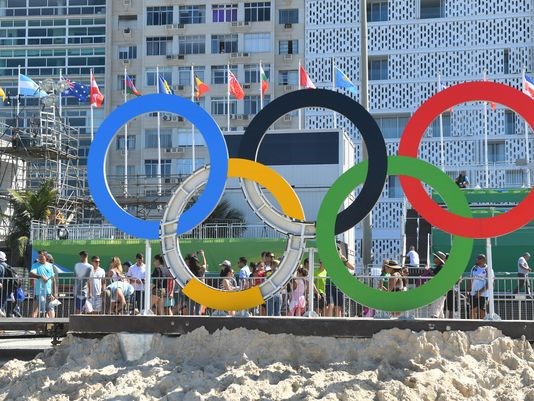 A general view of Olympic rings on Copacabana beach during the Rio 2016 Summer Olympic Games on Aug. 13