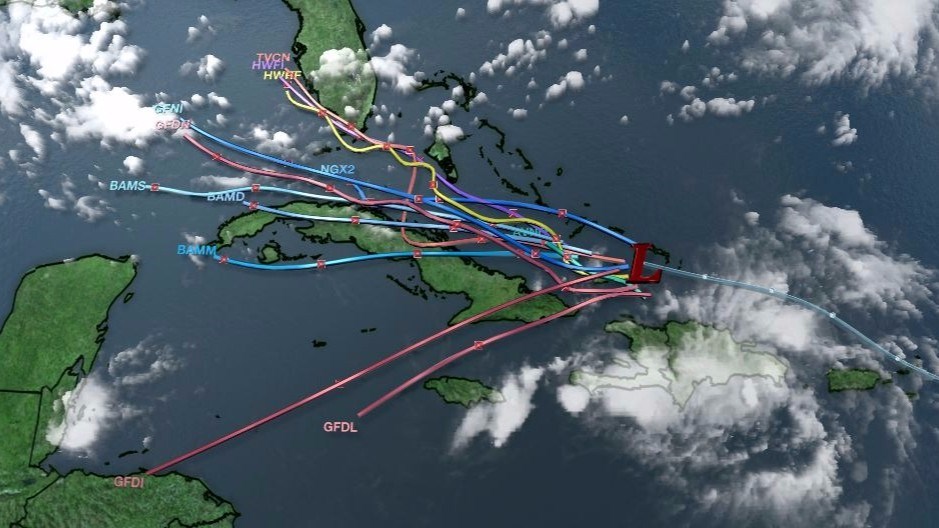 A graphic showing the multiple computer model projections of a storm system that's in the Atlantic