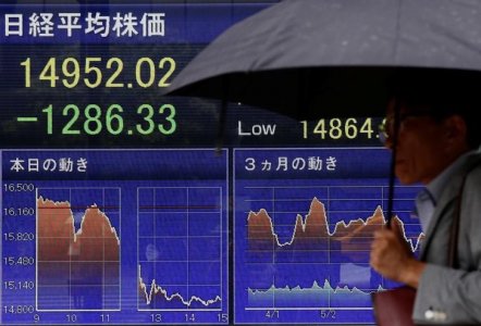 A man walks past a screen displaying the Nikkei average outside a brokerage in Tokyo Japan