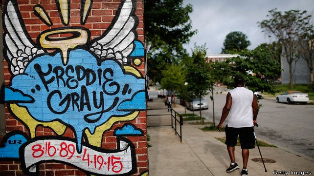 A mural dedicated to Freddie Gray is shown near the location where he was arrested