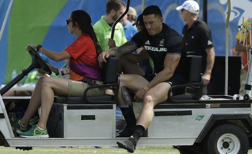 New Zealand's Sonny Bill Williams is driven out of the stadium by medics during the men's rugby sevens match against Japan at the Summer Olympics in Rio de Janeiro Brazil Tuesday Aug. 9 2016