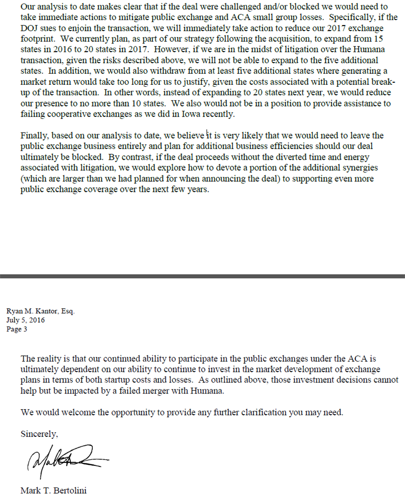 Mark Bertolini letter to the Department of Justice