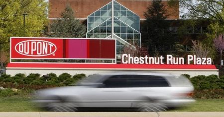 A view of the Dupont logo on a sign at the Dupont Chestnut Run Plaza facility near Wilmington Delaware