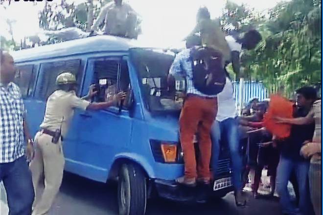 ABVP activists staged a protest against Amnesty International India after an FIR was registered