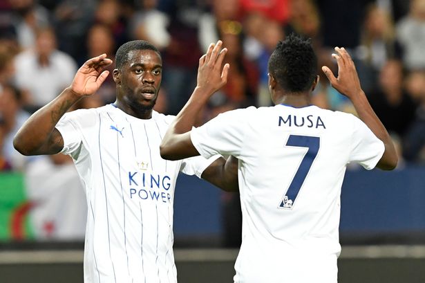 Ahmed Musa celebrates with Jeff Schlupp after scoring