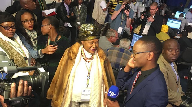 ANC chairperson Baleka Mbete addressing the media at the IEC centre in Tshwane