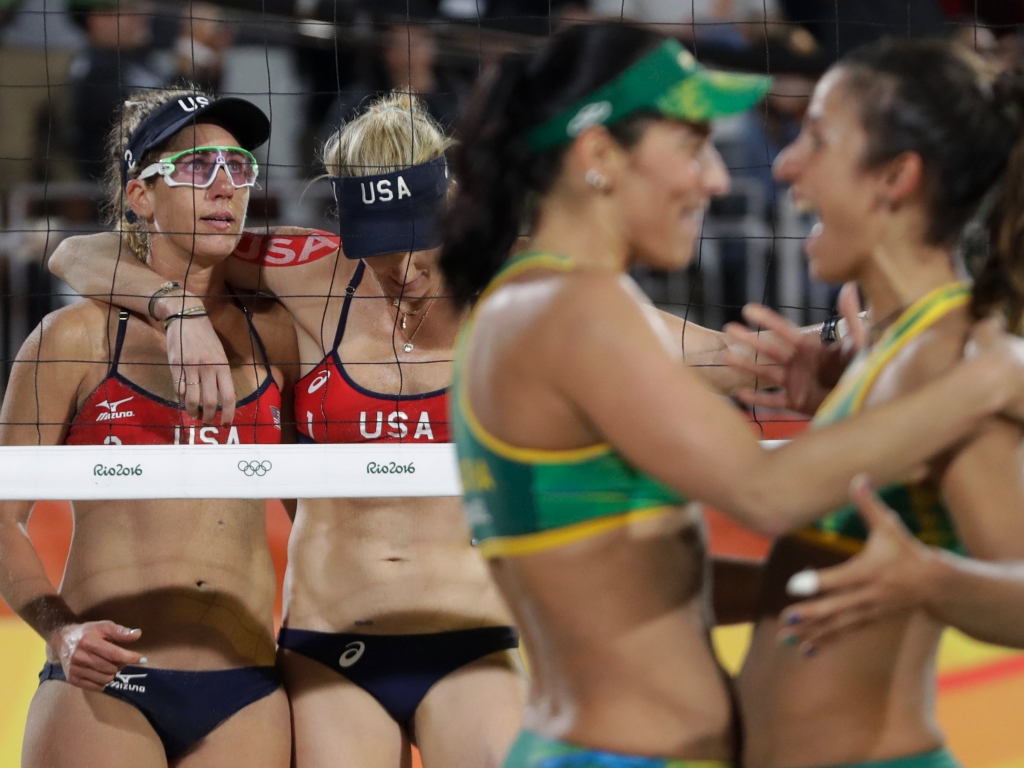 AP  Petr David JosekBrazil's Agatha Bednarczuk and Barbara Seixas de Freitas celebrate after defeating Kerri Walsh Jennings and April Ross