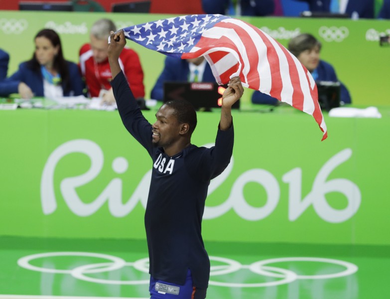 United States&#039 Kevin Durant celebrates winning the gold medal for men's basketball at the 2016 Summer Olympics in Rio de Janeiro Brazil Sunday Aug. 21 2016