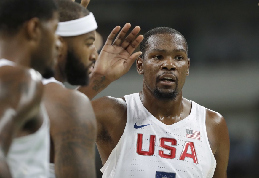 United States’ De Andre Jordan celebrates a play against Spain during a men's semifinal round basketball game at the 2016 Summer Olympics in Rio de Janeiro Brazil Friday Aug. 19 2016