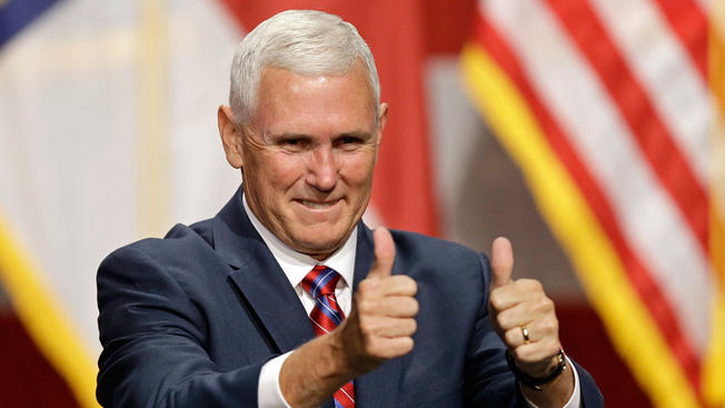 APRepublican Vice presidential candidate Indiana Gov. Mike Pence gives a thumbs-up during a town hall meeting in Raleigh N.C. on Aug. 4 2016