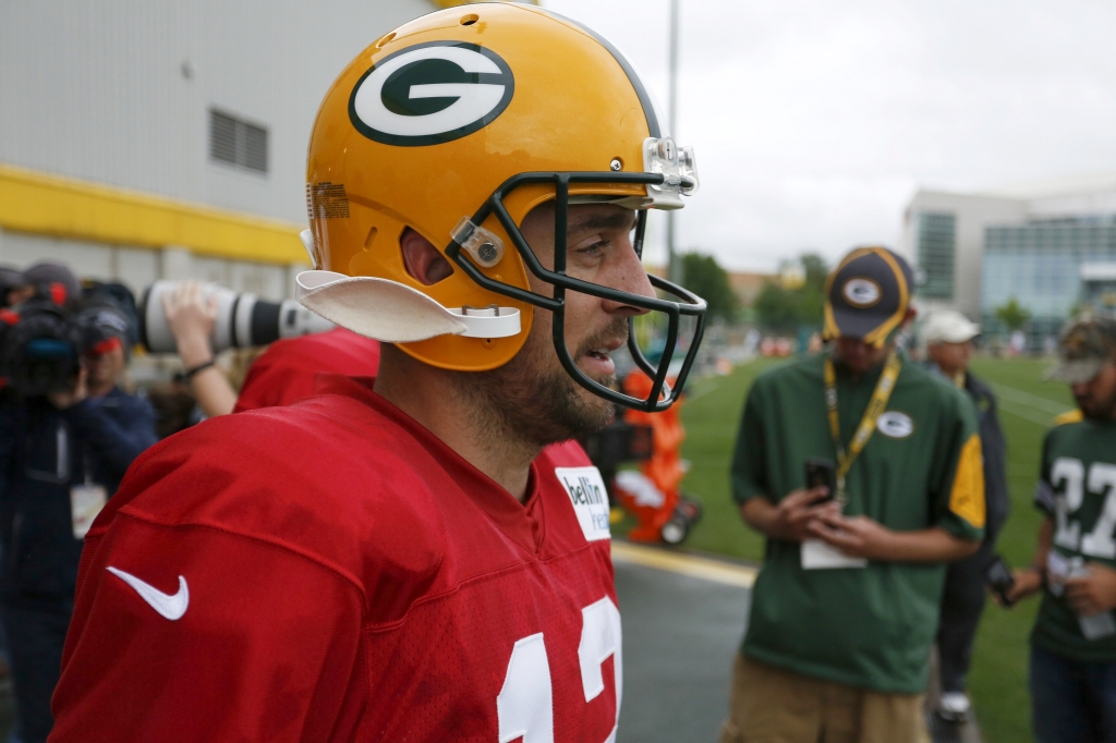 Green Bay Packers quarterback Aaron Rodgers during NFL football training camp Thursday