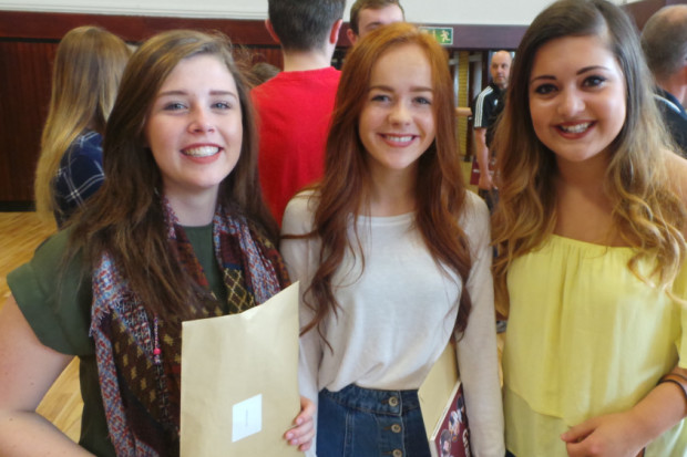 Abbie Kiera and Jodie celebrate their A Level results at Larne Grammar School. INLT 33-650-CON