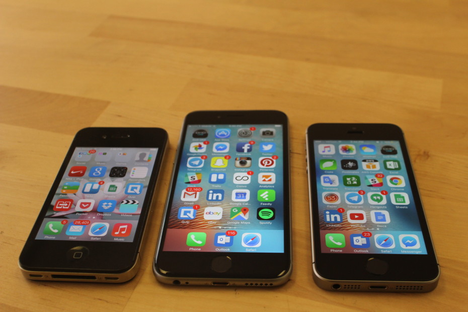 From left the iPhone 4 from 2010 the iPhone 6s from 2015 and the new iPhone SE