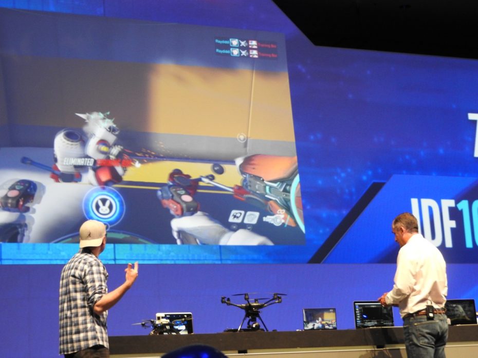 Intel CEO Brian Krzanich plays Overwatch on stage at IDF 2016