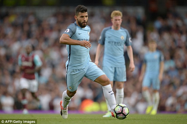 Aguero drives forward with the ball during Sunday's Premier League win over West Ham