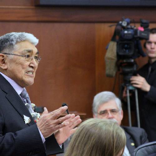 Rep. Benjamin Nageak D-Barrow left speaking on the floor of the Alaska House of Representatives in Juneau Alaska. The state Democratic party is backing the primary opponents of Nageak