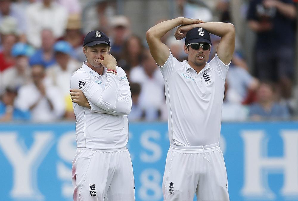 Alastair Cook reacts after a missed chance in the fourth Test