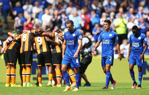 Alex Morton  Getty
Hull City players huddle while Leicester City players walk off the pitch dejected