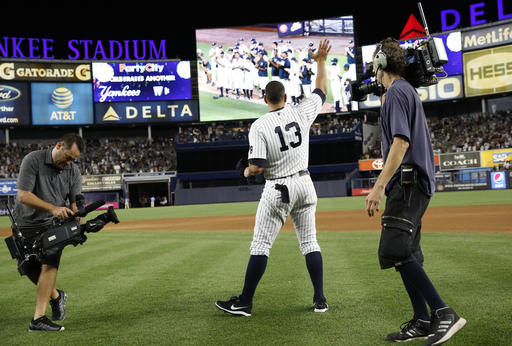 New York Yankees Alex Rodriguez waves goodbye to fans after playing in his final game as a Yankee against the Tampa:Bay Rays at Yankee Stadium in New York Friday Aug. 12 2016. The Yankees won 6-3