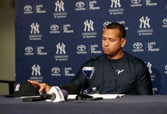 New York Yankees designated hitter Alex Rodriguez reacts