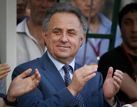 Russia's Sports Minister Vitaly Mutko applauds as he attends an the Russian Stars 2016 track and field competitions in Moscow Russia Thursday