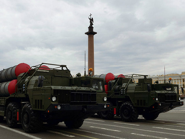 Russia St. Petersburg: 2834528 04/28/2016 S-400 Triumph surface-to-air missile systems roll through Palace Square in St. Petersburg during Victory Day Parade rehearsal. Alexei Danichev  Sputnik