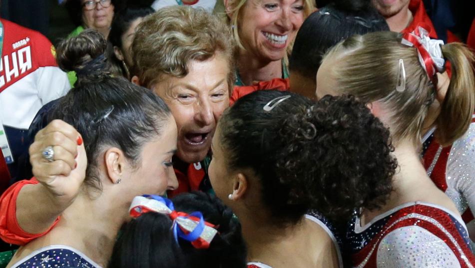 Martha Karolyi with the Final Five gymnasts at Rio Olympics