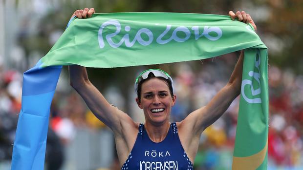 American Gwen Jorgensen celebrates victory in the women's triathlon at the 2016 Olympics in Rio de Janeiro on Saturday. REUTERS  Carlos Barria