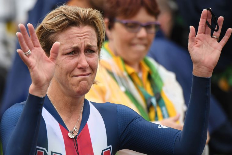 USA's Kristin Armstrong reacts after win